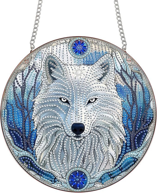 Bimkole White Wolf Diamond Art Hanging Kit for Adult, DIY 5D Diamond Art Animals Window Pendant, Acrylic Crystal Art Hanging Ornament Home Wall Garden Front Door Sign Outdoor Decor 7.8x7.8 Inch