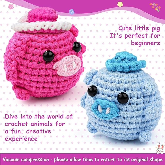 Vanttokeey Crochet Kit for Beginners, Animal Amigurumi Crochet Kits Included, Step-by-Step Video Tutorials, Beginner Crochet Kit for Adults and Kids, Crocheting Starter Set (Pig RoBo)