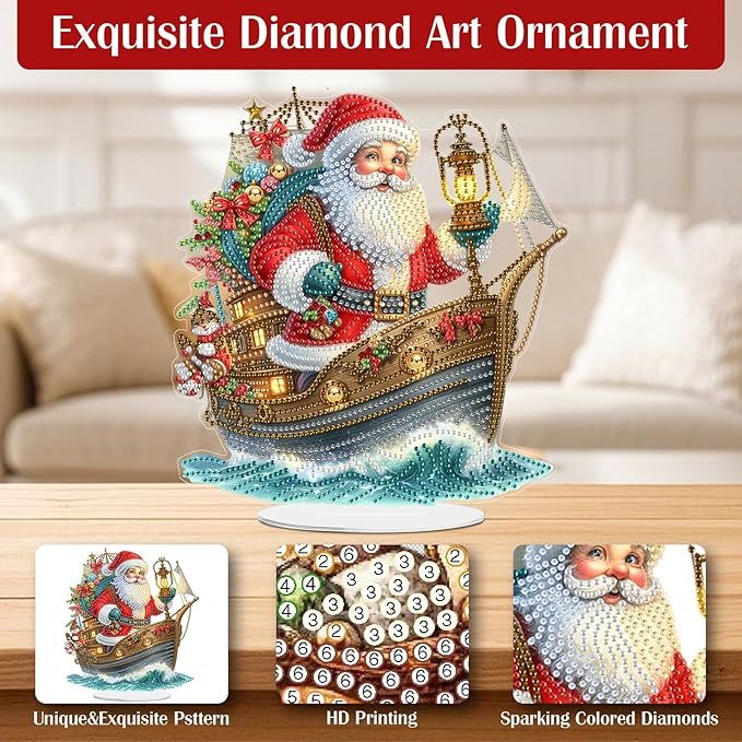 LAKEQUILL Christmas Diamond Painting Kits, Tabletop Ornament, Stand Up Diamond Art Desktop Kits for Home Office Decor, New Year Gift - Santa Claus & Boat