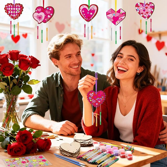JellyArch 30 Pack Mother's Day Heart Wind Chime Making Kit for Adults Make Your Own Wind Chime DIY Wooden Ornaments Crafts for Activity Birthday Decoration