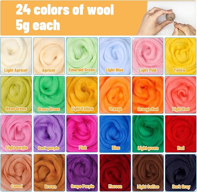 JUPEAN Needle Felting Kit, 24 Colors Wool Roving (5g/Color), Complete Needle Felting Starter Kit with Needle Felting Supplies Wool Fibre Spinning Craft Felting Kits for Beginners