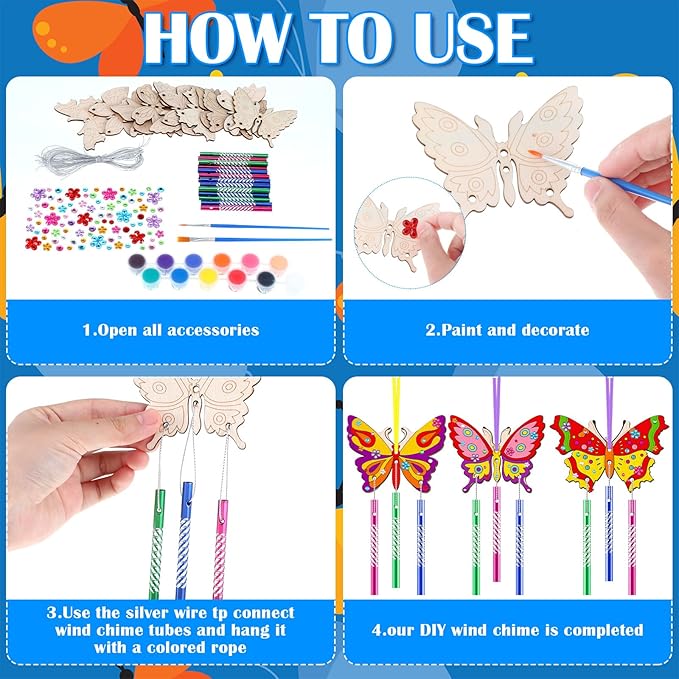 JellyArch 30 Pack Spring Butterfly Wind Chime Making Kit for Adults Make Your Own Wind Chime Butterfly DIY Wooden Crafts Ornaments for Activity Birthday Spring Summer Decoration