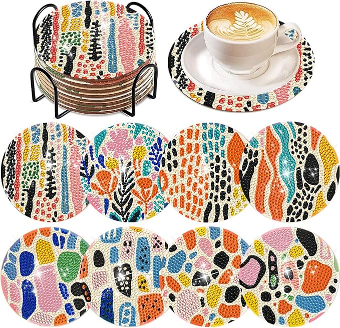 EWJRNSF 8 PCS Diamond Art Coasters Kit, Small Diamond Painting Coasters, Fall Diamond Art Kits for Adults Beginners, Arts and Crafts Supplies Item Sets with Holder