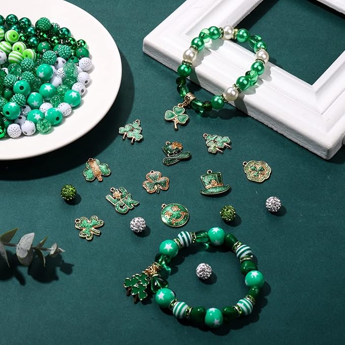 1600PCS+ St.Patrick’s Day Beads for Jewelry Making, Green Polymer Clay Beads Assorted Rhinestone Crystal Acrylic Beads Spacer Beads Shamrock Charms for Bracelet Necklace Making DIY Crafts Gifts