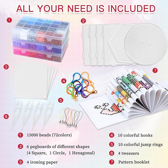 QUEFE Fuse Beads Kit 15000 Pcs 72 Colors 5mm Beads Craft Kit Including Pegboard, Melting Beads, Ironing Paper, Tweezers & Colorful Hooks, Christmas Home School Arts and Crafts Supplies for Girls