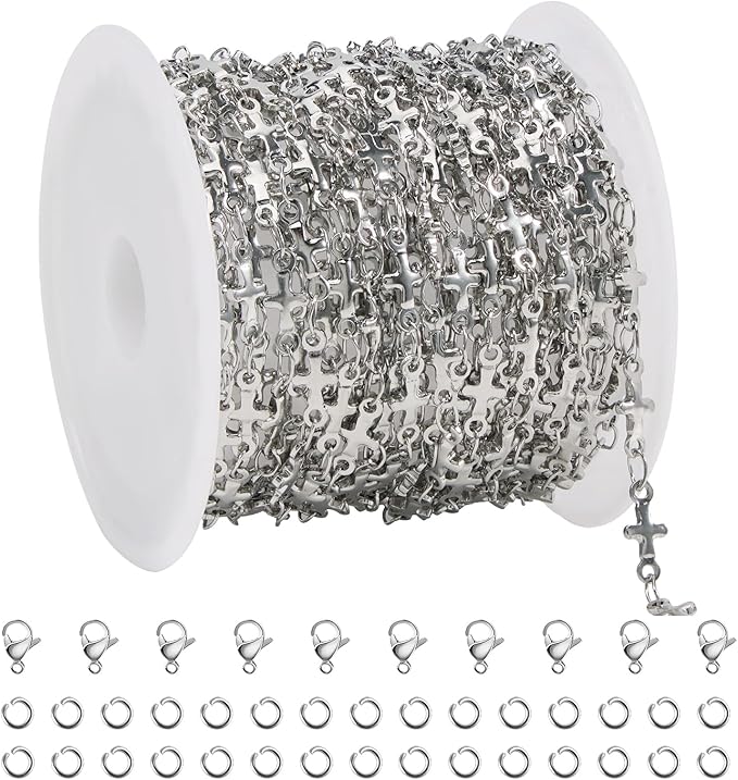 SMYHTGLIF 4 Meters Stainless Steel Cross Jewelry Making Chains Silver Chain Bulk for Jewelry Making DIY Jewelry Findings
