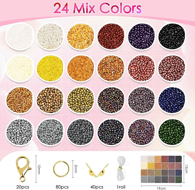Vtssvow 2mm Glass Seed Beads for Bracelets Making, 24 Colors 22000pcs Friendship Bracelet Making Kit, Small Glass Beads for Jewelry Making (Mix 24 Color, Metallic)