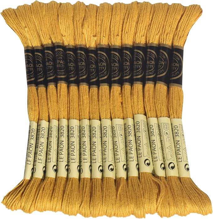 LE PAON Embroidery Floss, 14-Pack Six Strands 100% Long Staple Cotton Embroidery Thread, 8.7-Yard，Color Number：3820, Dark Straw