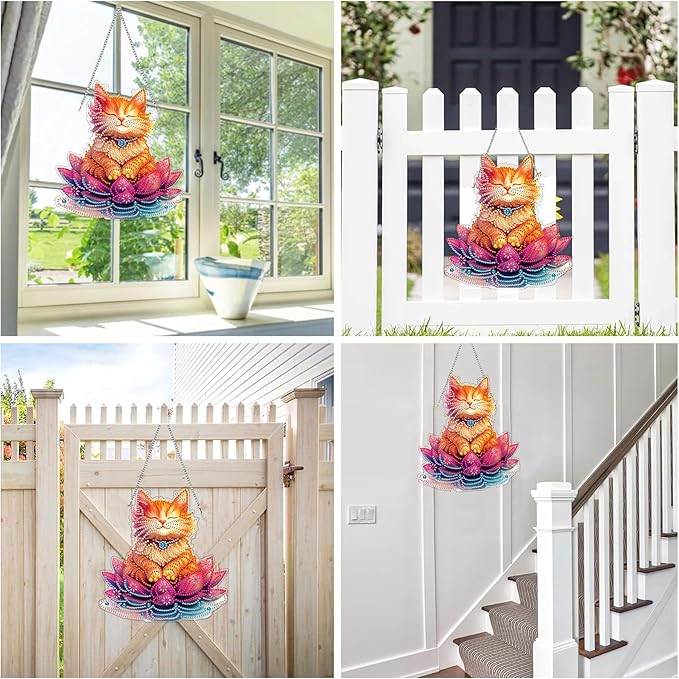 Reofrey Hanging Diamond Art Kits for Adults - 8x8 Inch Cat Acrylic Board Double Sided Pattern Diamond Art Suncatcher Pendant, DIY Crystal Art for Home Wall or Window Decoration Handmade Gift