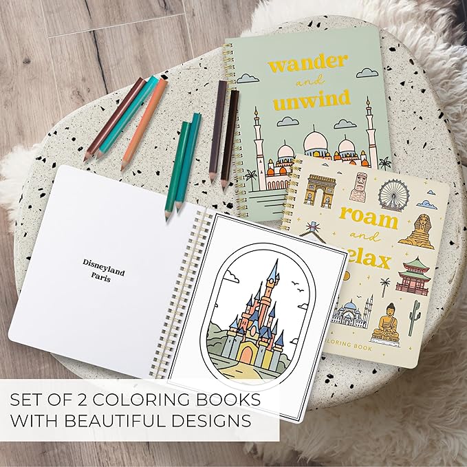 Beautiful Adult Coloring Book Set of 2 for Relaxation - Inspirational Adventures and Sightseeing Spots for The Spirit of Wanderlust - Perfect Stress-Relieving Gift for Women