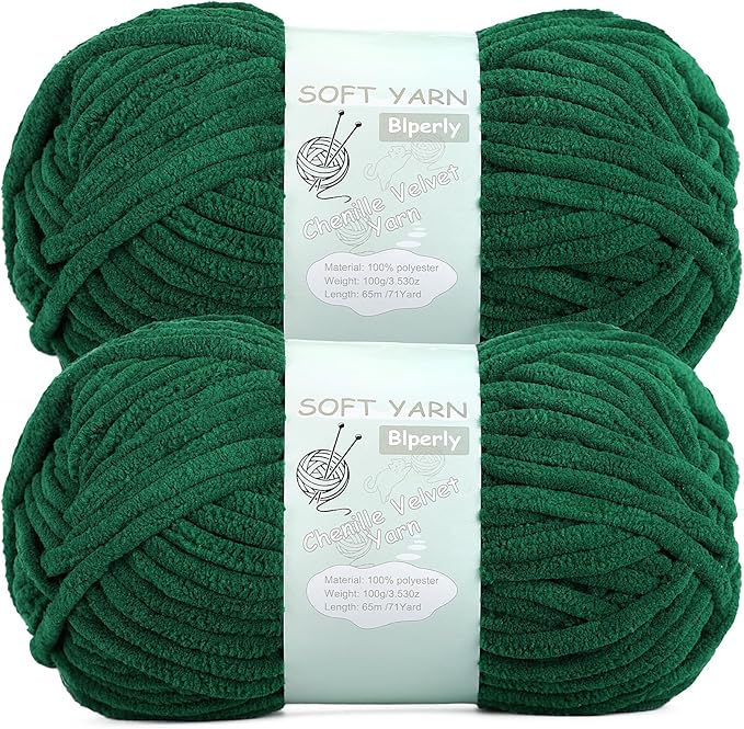 Chunky Chenille Yarn Velvet Soft Super Bulky Size 6 for Crocheting Knitting, Baby Blanket Yarn, 100g 71 Yds per Skein, Easy to Use for Scarves, Amigurumi, Crafts (2, Dark Green)