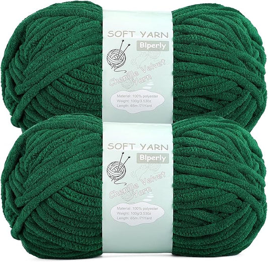 Chunky Chenille Yarn Velvet Soft Super Bulky Size 6 for Crocheting Knitting, Baby Blanket Yarn, 100g 71 Yds per Skein, Easy to Use for Scarves, Amigurumi, Crafts (2, Dark Green)