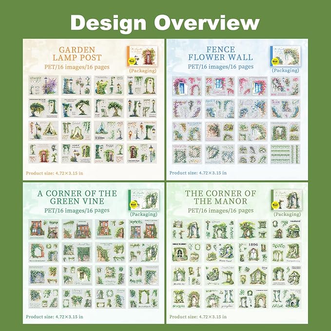 Vintage Garden PET Sticker Book Set – 4 Books, 64 Pages of Pre-Cut Waterproof Floral Stickers for Journaling, Scrapbooking, DIY Crafts and Planner Supplies