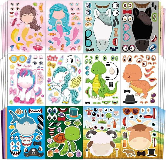 aowplc 36 pcs make-a-face sticker sheets kids party favors mix and match stickers with dinosaurs, mermaids, unicorns, horses, farm & sea animals for parties, birthdays, classroom activities & crafts