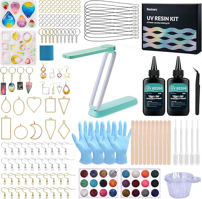 Resiners UV Resin Kit with Light for Adults, 190PCS UV Resin Jewelry Making Kit, Resin Accessories for Keychains, Earrings, Necklaces, Adult DIY Crafts – Not a Toy