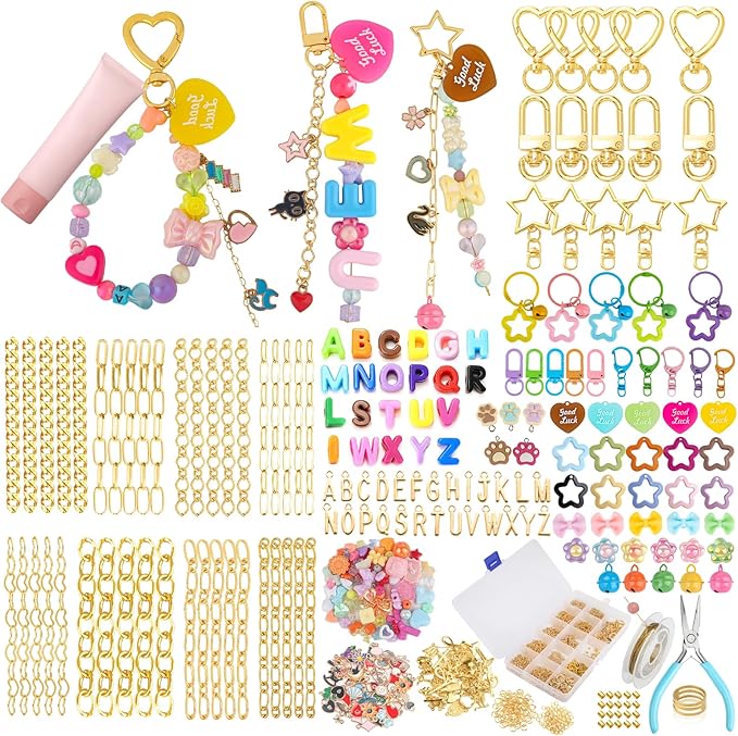 Ecoofor 561 Pcs Keychain Making Kit - Includes 30 Keychain Clips, 40 Extender Chains, 178 Charms, Beading Accessories, Jewelry Pliers - DIY Bag Charms & Jewelry Craft Kit Supplies