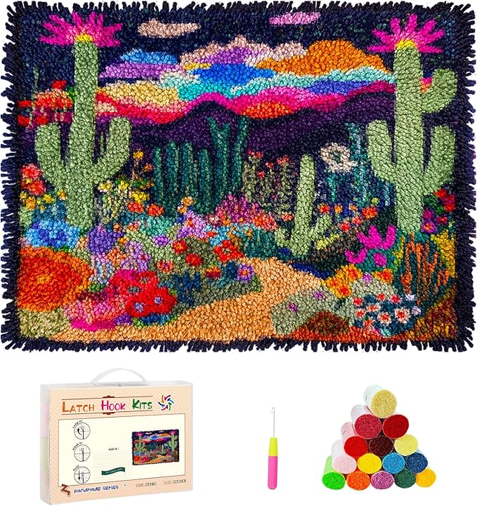 DIY Latch Hook Rug Kits Colorful Desert Landscape Cactus and Wildflowers Stamped Non-Slip Mat Crochet Yarn Hook and Latch Emboridery Tapestry for Home Floor Decor and Pet Warm Cushion 52x38cm(1)