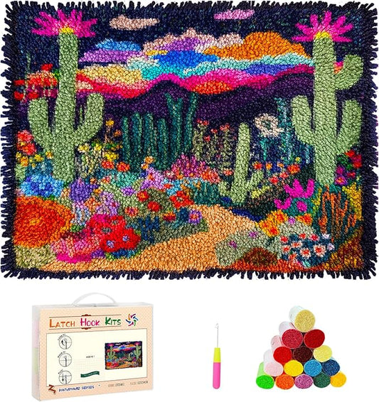 DIY Latch Hook Rug Kits Colorful Desert Landscape Cactus and Wildflowers Stamped Non-Slip Mat Crochet Yarn Hook and Latch Emboridery Tapestry for Home Floor Decor and Pet Warm Cushion 52x38cm(1)