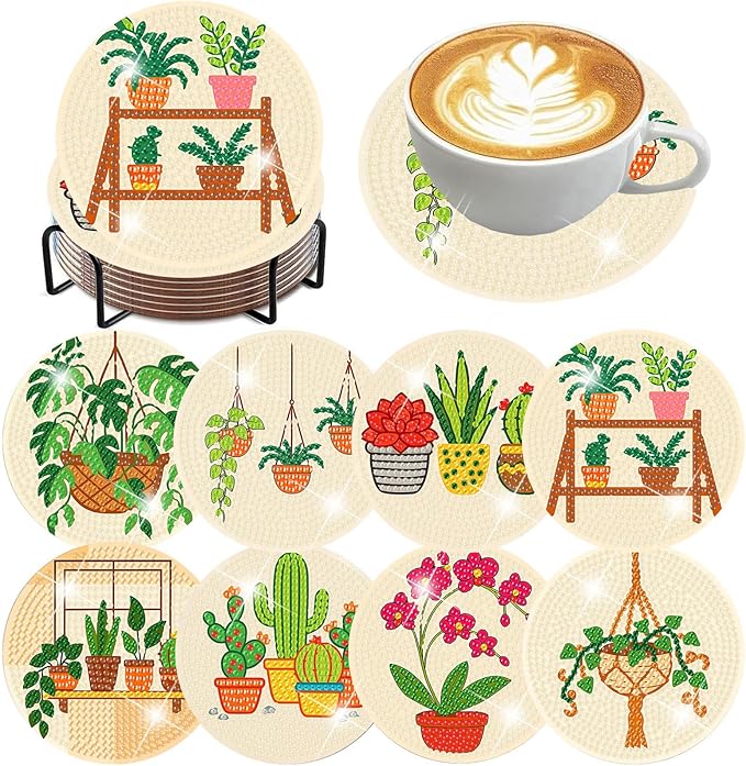 8 Pcs Diamond Art Coasters Kit with Holder, DIY Green Plants Diamond Painting Coasters for Beginners Adults, Non Slip Diamond Art Kits Craft Supplies 4x4inch