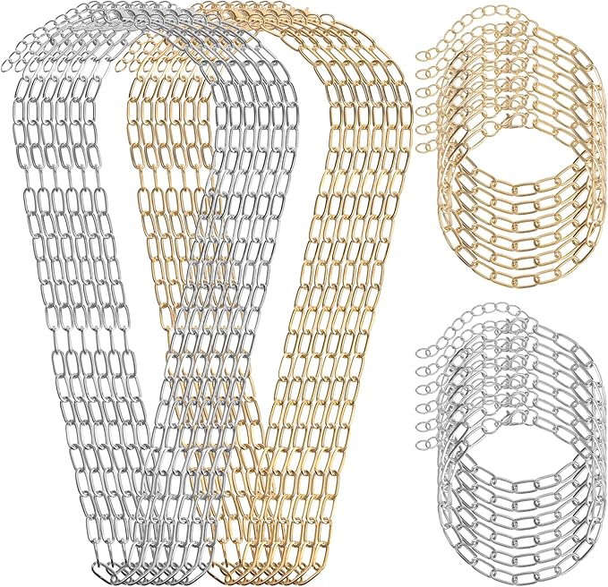 Oqqlin 32 Pcs Charm Necklace Bracelets Kit, Gold Silver Paperclip Chains Zinc Alloy 18 Inch Necklace 6.5 Inch Bracelet with Lobster Clasp for DIY Jewelry Making, Gifts