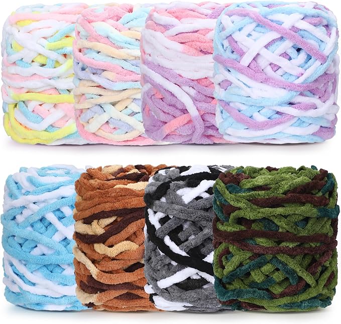 Buryeah 8 Pack Chunky Chenille Yarn for Crocheting Soft Thick Fluffy Yarn for Hand Knitting Bulky Velvet Blanket Plush for Weaving DIY Crafts Each 3.5 oz 55 Yards (Gradient Colors)