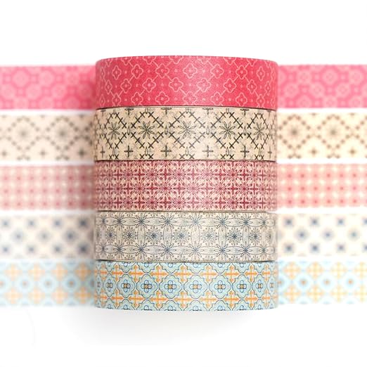 Fantasy Washi Tape Set - 5 Rolls Texture Arts Adhesive Tapes Basic Patterns Decorative Masking Tape Sets for Craft, Kids, Scrapbook, DIY, Gift Wrapping (12-Classic Tiles)
