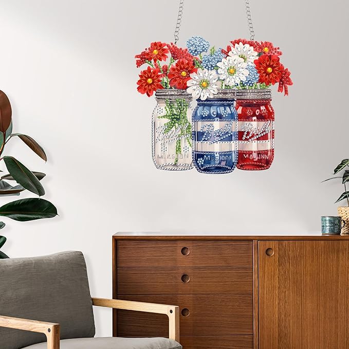 Reofrey Hanging Diamond Art Kits for Adults– 8x8Inch Flowers Hanging Ornament Acrylic Board Double Sided Pattern Crystal Diamond Art Suncatcher Pendant, for Home Wall Window Decoration Handmade Gift