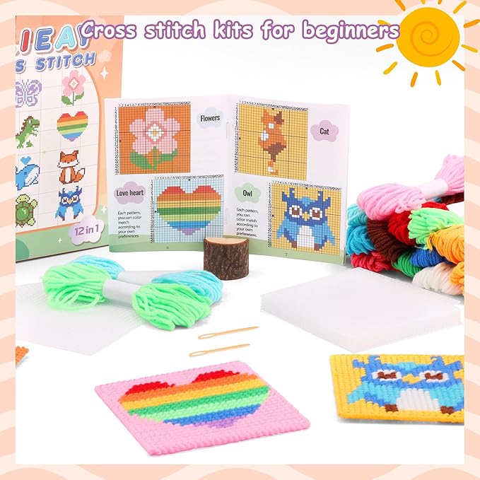 Pllieay Cross Stitch Kits for Beginners 12in1 Cross Stitch Kits for Kids Embroidery Kit Includes 12pcs Blank Plastic Mesh Canvas, 16 Yarns, 6 Embroidery Needles, Needlepoints Starter Sewing Set