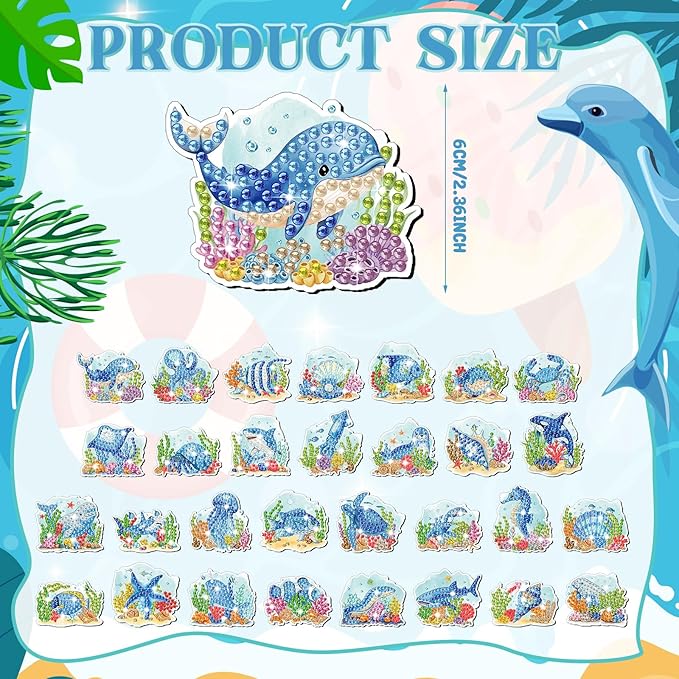 Xuhal 30 Pcs Summer Diamond Painting Magnets Ocean Animal Diamond Art Magnet Kits for Adults 5D Rhinestone Beach Under The Sea Animal Refrigerator Magnetic Sticker for DIY Craft Fridge Ocean Gifts