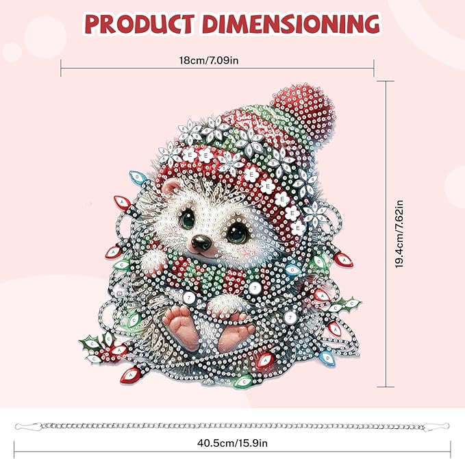 Bowetile Christmas Diamond Art Hanging Kits for Adults, Hedgehog Diamond Art Suncatchers, 5D Special Shape Diamond Painting Pendant Window Ornament Christmas Gifts for Home Door Wall Decor