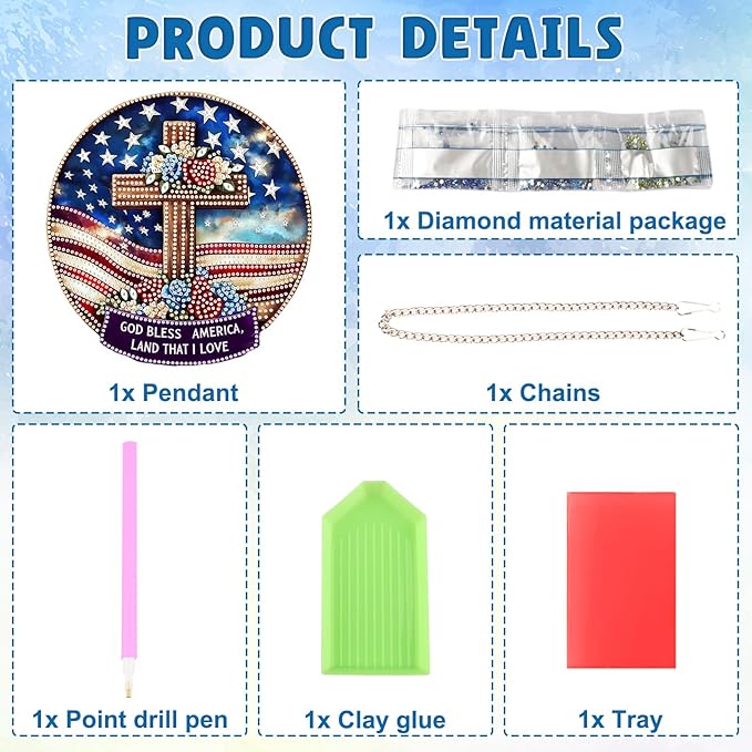 DOMROM 4TH of July Diamond Art Hanging Kit for Adult, Cross Diamond Art Hanging Kit, Patriotic DIY Diamond Art, Independence Day Diamond Hanging Pendant, Window Pendants Garden Wall Hanging Ornament