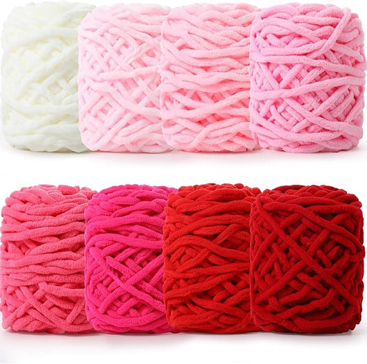 Buryeah 8 Pack Chunky Chenille Yarn for Crocheting Soft Thick Fluffy Yarn for Hand Knitting Bulky Velvet Blanket Plush for Weaving DIY Crafts Each 3.5 oz 55 Yards (Pink Series)