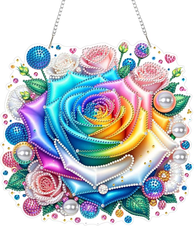 Yunzlly DIY Hanging Diamond Art Pendant Kit, Special Crystal Double Sided Diamonds Painting Ornament Kit for Adults, Acrylic Gem Painting Board for Window&Door&Wall (Rose Flower)