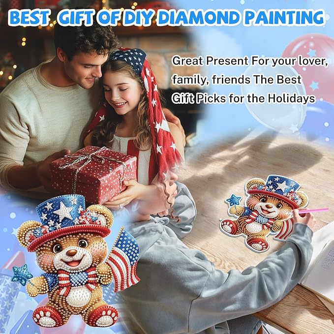 Bowetile Independence Day Bear 5D Diamond Art Hanging Kits for Adults, 4th of July Diamond Painting USA Window Pendant Kits, Special Shape Gem Art Suncatcher Ornament for Home Garden Wall Decor