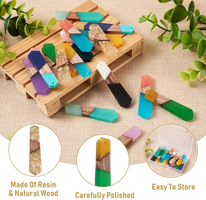 Beadthoven 18pcs/9 Pairs Natural Wood Resin Charms Colorful Pendulum Shape DIY Earrings Pendants Mixed Vintage Wooden Pieces Tag Pendants for Statement Jewelry Making Bohemian Earrings Findings