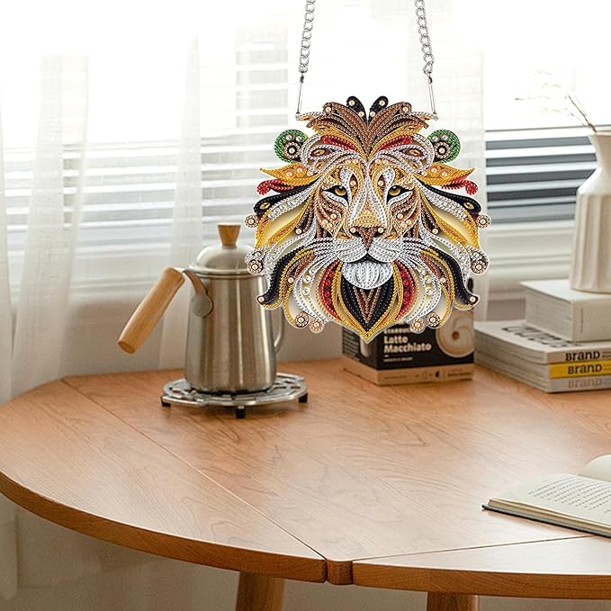 JZHYOAN Tiger Diamond Painting Arts Hanging Kit Diamond Art Window Pendants Home Garden Wall Hanging Kits Acrylic Ornaments Craft Kits Crystal Art Pendant Wind Chimes with Diamonds