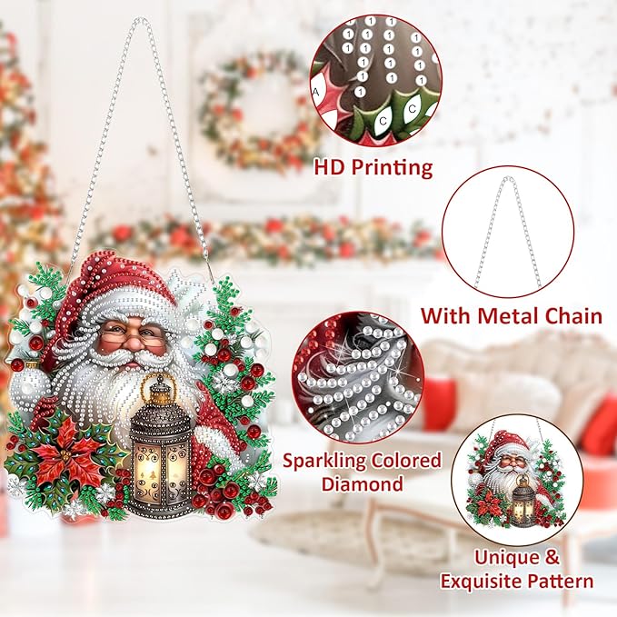 SENQAO Santa Claus Diamond Art Hanging Kits for Adults Kids, Christmas Diamond Art Suncatchers, 5D Special Shape Diamond Painting Pendant Window Ornament Gifts for Home Garden Door Wall Decor