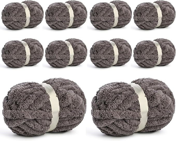 10 Pack Jumbo Chenille Yarn for Crocheting, #10 Super Bulky Baby Soft Yarn for Hand Knitting, 220 yds /70.5 oz Fluffy Chunky Knit Throw Blanket Yarn (Dark Grey)