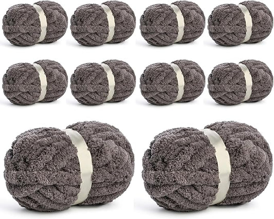 10 Pack Jumbo Chenille Yarn for Crocheting, #10 Super Bulky Baby Soft Yarn for Hand Knitting, 220 yds /70.5 oz Fluffy Chunky Knit Throw Blanket Yarn (Dark Grey)