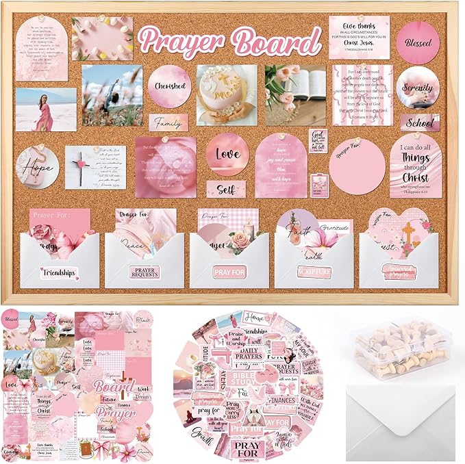 Prayer Board Stickers Supplies - 164 Pcs Prayer Board Kit with Pins Envelope Bible Verse Quotes Cards Christian Motivational Scrapbook Stickers, Bible Study Supplies for Women (Not Cork Board)