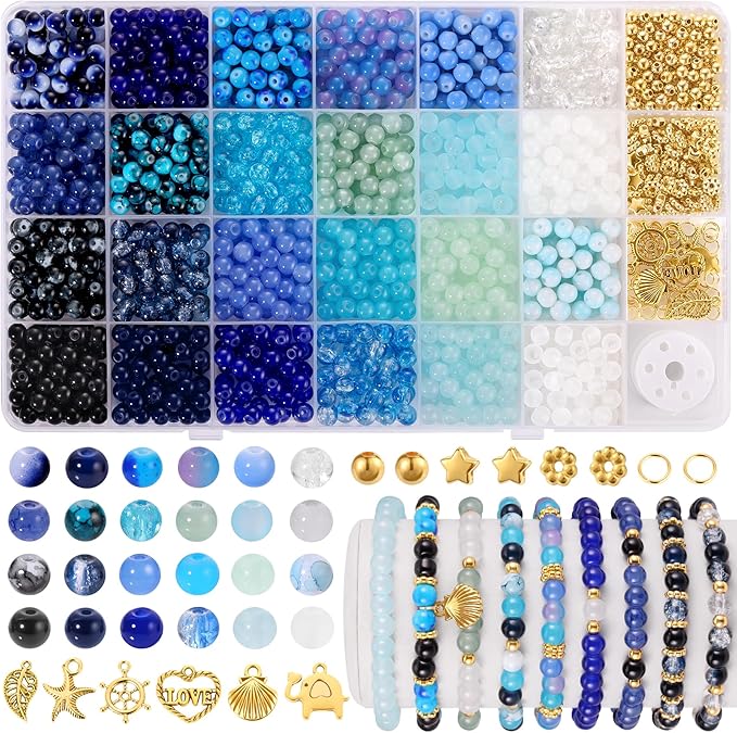 funtopia 1377pcs blue glass beads for bracelets, 24 colors 6mm beads for jewelry making, round crystal blue ocean sea bead for bracelet earring necklace diy crafts with spacer bead and charms