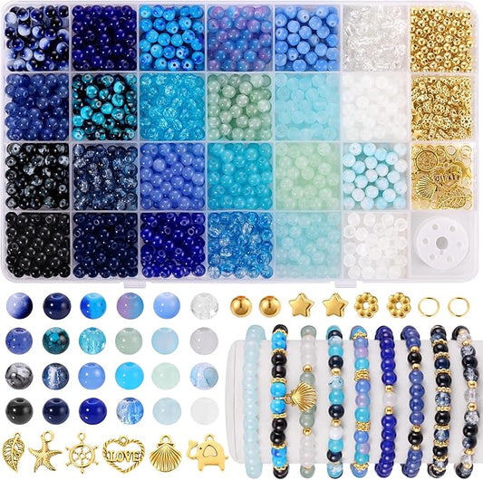funtopia 1377pcs blue glass beads for bracelets, 24 colors 6mm beads for jewelry making, round crystal blue ocean sea bead for bracelet earring necklace diy crafts with spacer bead and charms