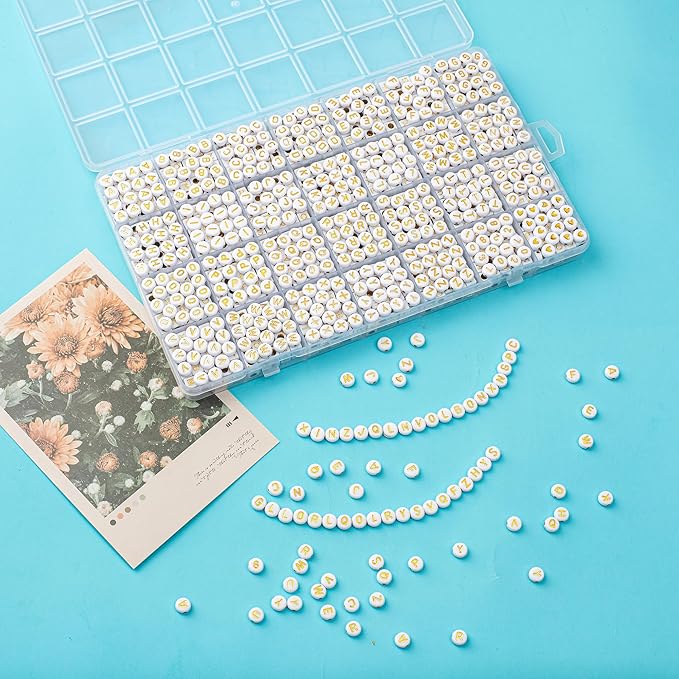 1400pcs letter beads, 4x7 mm acrylic alphabet beads, beads for jewelry and bracelet making, in 28 grid box (white and gold)