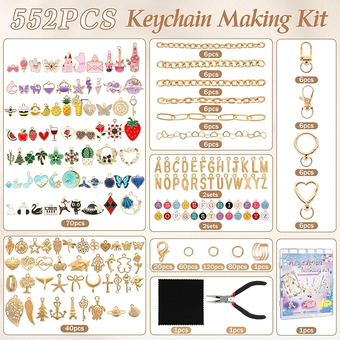 Zefy 552Pcs Charms Lip Gloss Keychain Making Kit, Gold Bag Charm Kit, Including 214 Charms 24 Key Chain Clips with Organizer Box, DIY Craft Supplies for Jewelry Making and Gifts