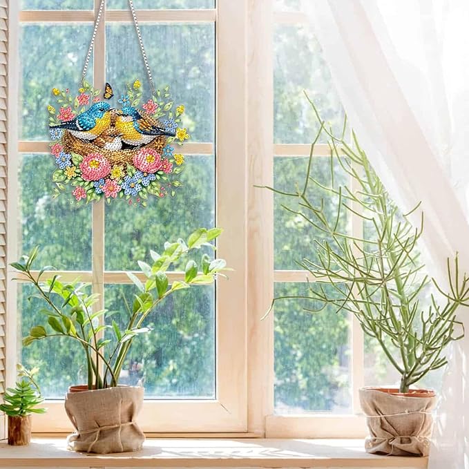 CEOVR Bird Nest Hanging Diamond Art for Adults, Spring Birds Diamond Painting Pendant DIY Gem Art Wall Hanging Ornament, Acrylic Home Garden Decor with Chain, Box Kit 7.87×7.08inch