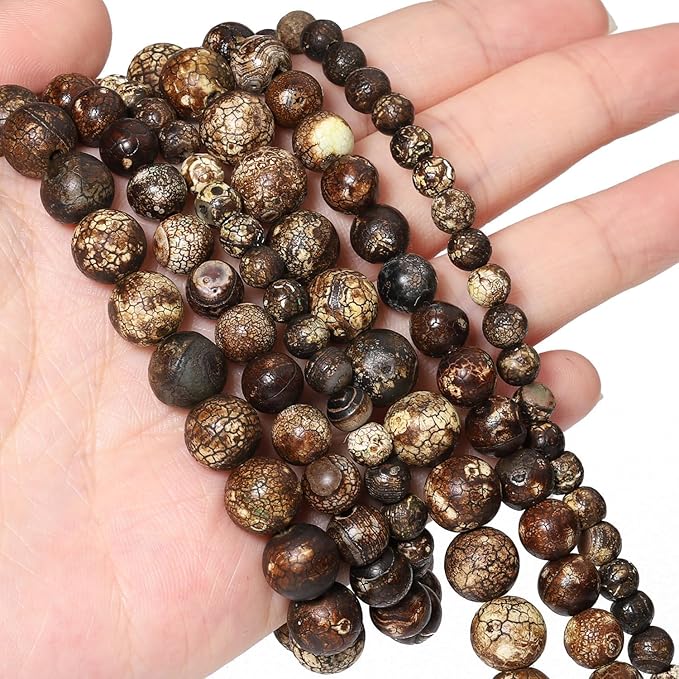 Stone Beads, 60pcs Brown Dragon Vein Agate, 6mm Round Loose Beads for Jewelry Making, Bracelets, with Bag, String & Card