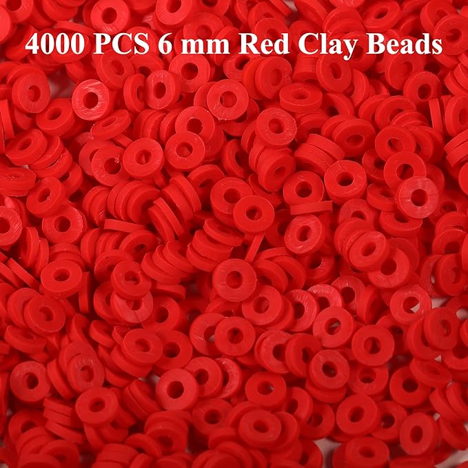 4000 Pcs Clay Beads for Bracelets Making, Polymer Spacer Flat DIY for Jewelry Necklace Earring Making Kit, Preppy Aesthetic Heishi Heshie Thin Disk Beads Assortments Set 4 6 8MM (Red, 6MM)