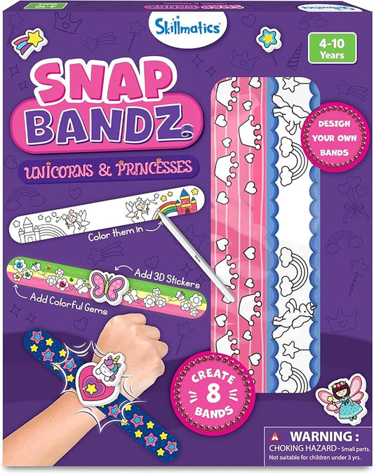 skillmatics craft activity - snap bandz, unicorns & princesses, diy art & craft activity, mess-free, creative kit, 8 bands (8.6"), gifts for girls & boys ages 4, 5, 6, 7, 8, 9, 10