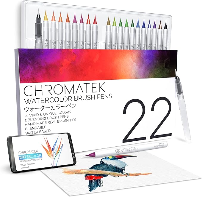 CHROMATEK 22 Watercolor Pens Set | 2 Aquapens & 20 Unique Colors | Brush Pens | Easily Blendable, Vivid, Smooth | Professional Art Supplies