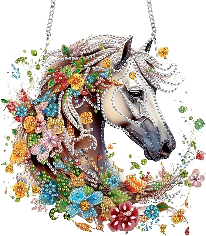 Reofrey Hanging Diamond Art Kits for Adults– 8x8Inch Horses Hanging Ornament Acrylic Board Double Sided Pattern Crystal Diamond Art Suncatcher Pendant, for Home Wall Window Decoration Handmade Gift